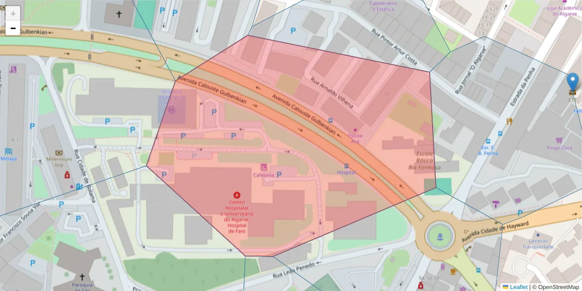 Mapa detalhado do código postal 8005-216 com limites, códigos postais vizinhos e agências dos correios