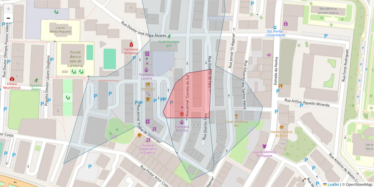 Mapa detalhado do código postal 8005-240 com limites, códigos postais vizinhos e agências dos correios
