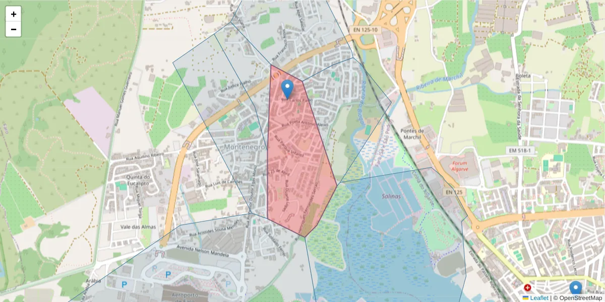 Mapa detalhado do código postal 8005-261 com limites, códigos postais vizinhos e agências dos correios