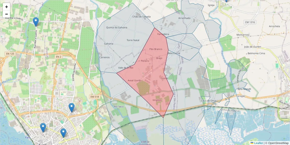 Mapa detalhado do código postal 8005-409 com limites, códigos postais vizinhos e agências dos correios