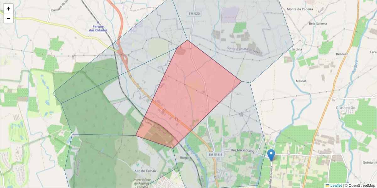 Mapa detalhado do código postal 8005-412 com limites, códigos postais vizinhos e agências dos correios