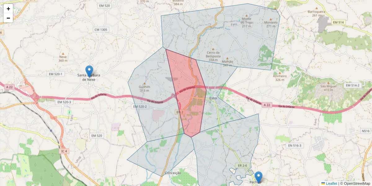 Mapa detalhado do código postal 8005-463 com limites, códigos postais vizinhos e agências dos correios