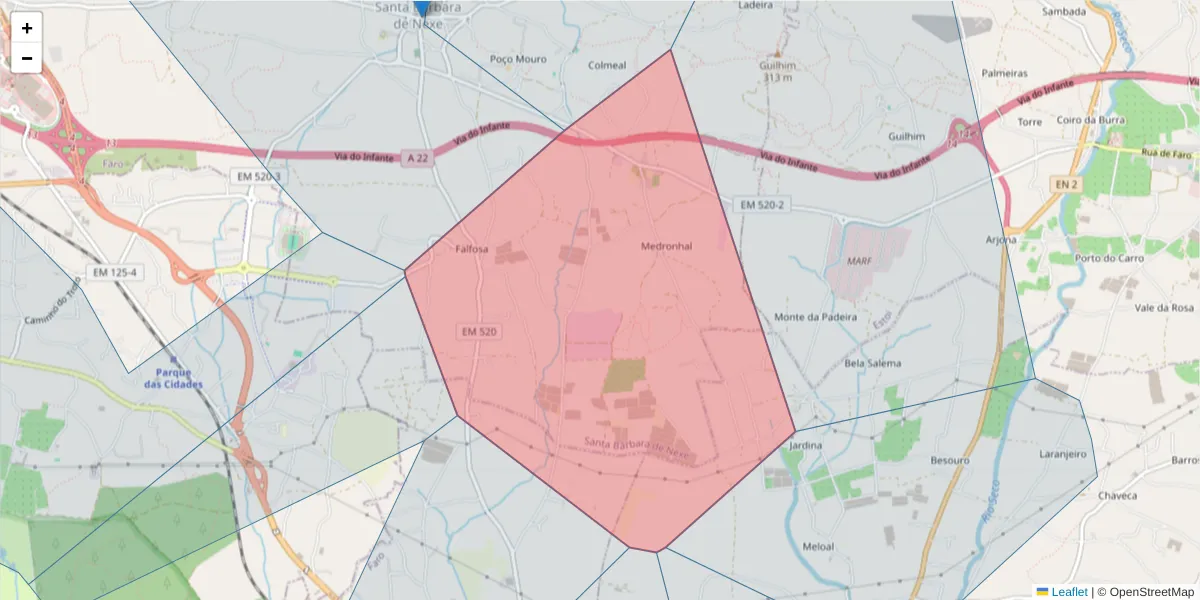 Mapa detalhado do código postal 8005-502 Faro com limites, códigos postais vizinhos e agências dos correios