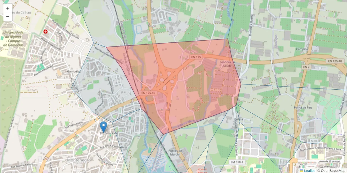 Mapa detalhado do código postal 8005-518 com limites, códigos postais vizinhos e agências dos correios