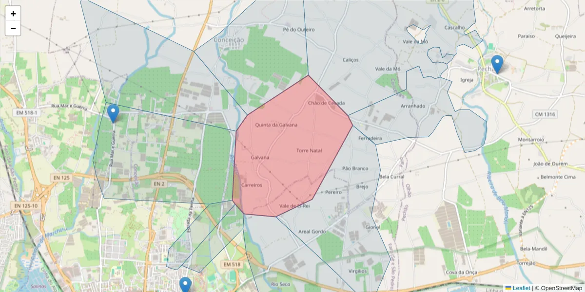 Mapa detalhado do código postal 8005-533 com limites, códigos postais vizinhos e agências dos correios