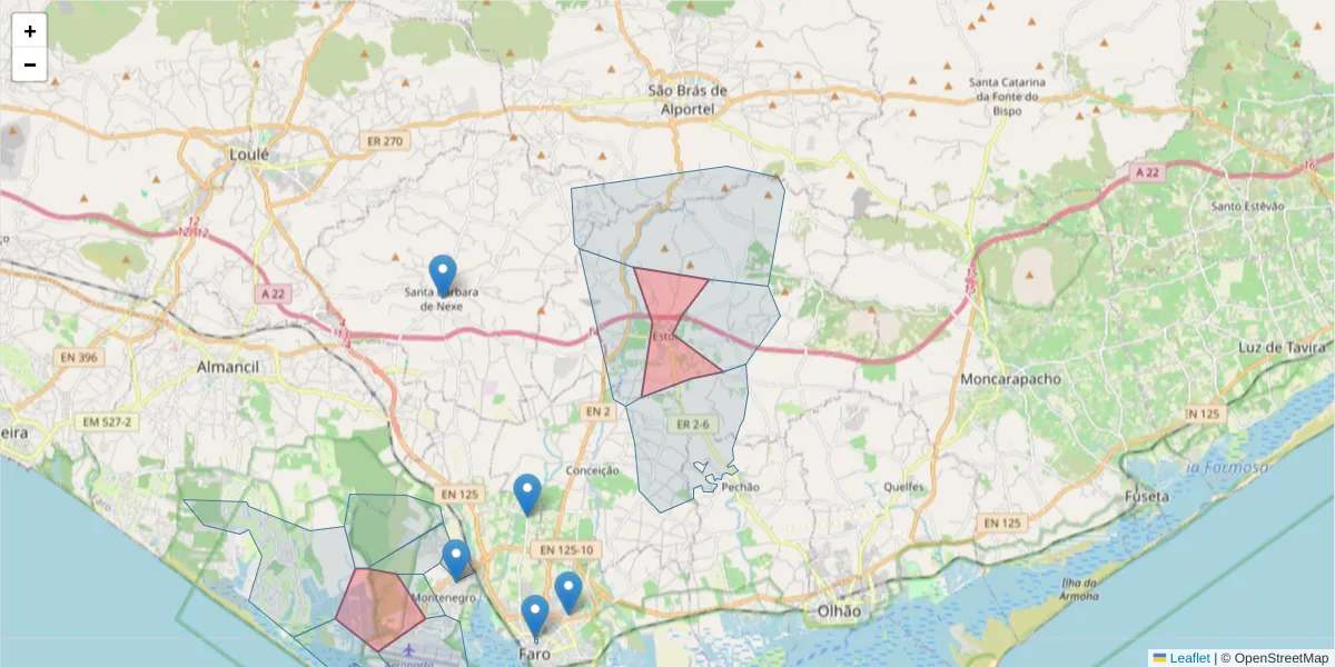 Mapa detalhado do código postal 8005 com limites, códigos postais vizinhos e agências dos correios