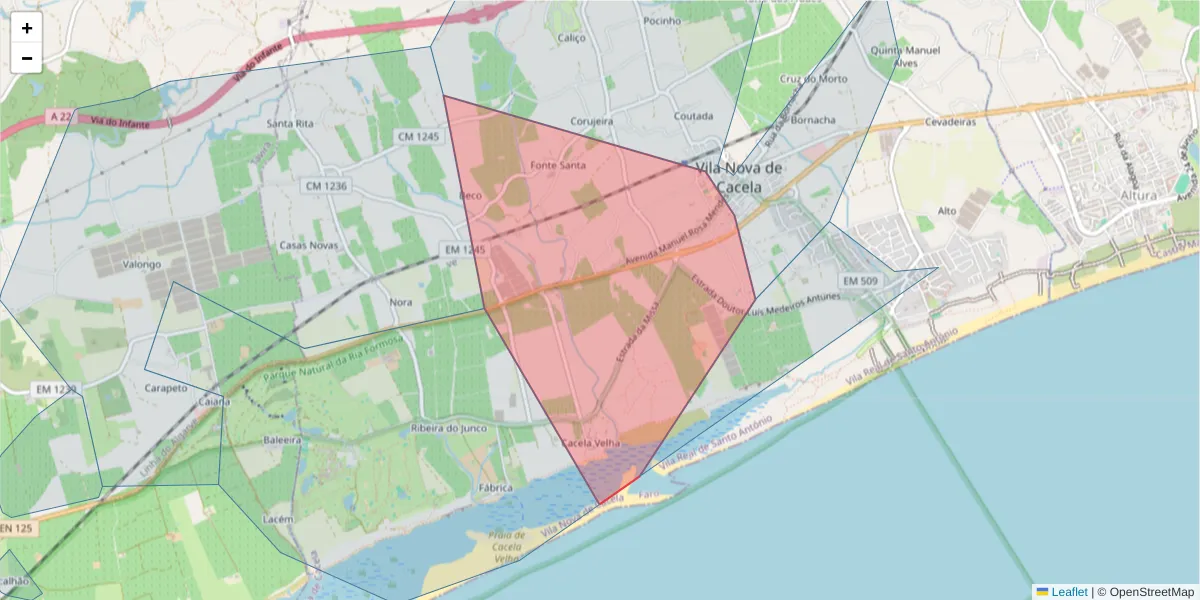Mapa detalhado do código postal 8090-054 com limites, códigos postais vizinhos e agências dos correios