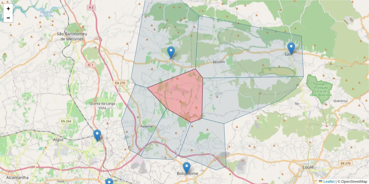 Mapa detalhado do código postal 8100-023 com limites, códigos postais vizinhos e agências dos correios