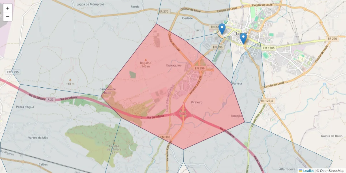 Mapa detalhado do código postal 8100-272 com limites, códigos postais vizinhos e agências dos correios