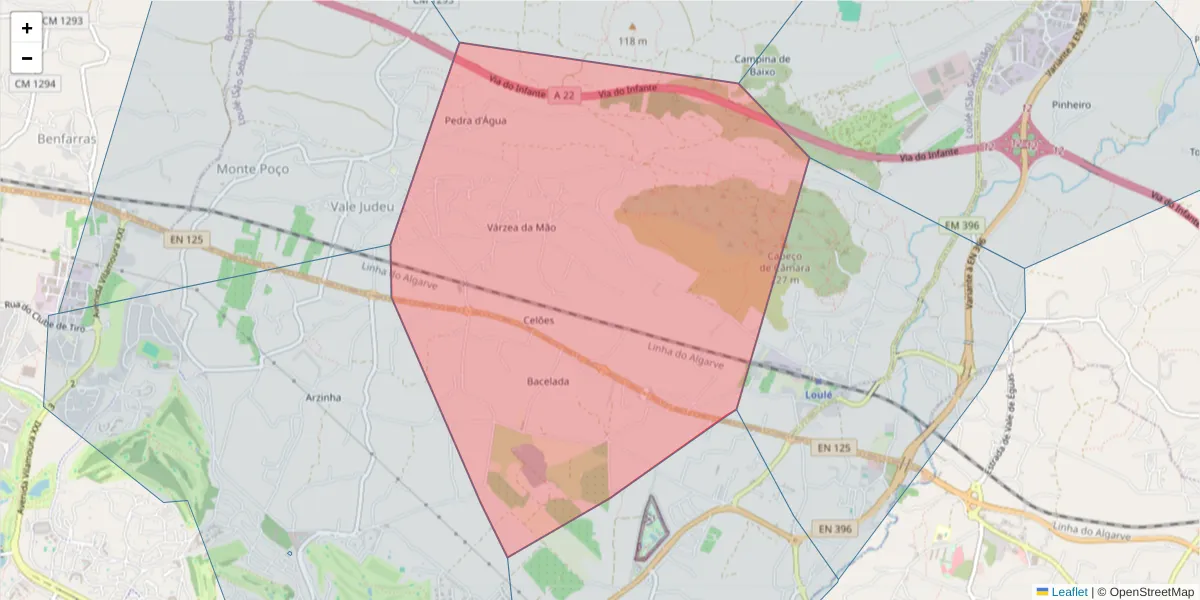 Mapa detalhado do código postal 8100-287 com limites, códigos postais vizinhos e agências dos correios