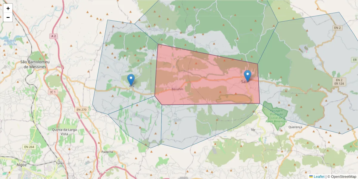 Mapa detalhado do código postal 8100-351 com limites, códigos postais vizinhos e agências dos correios