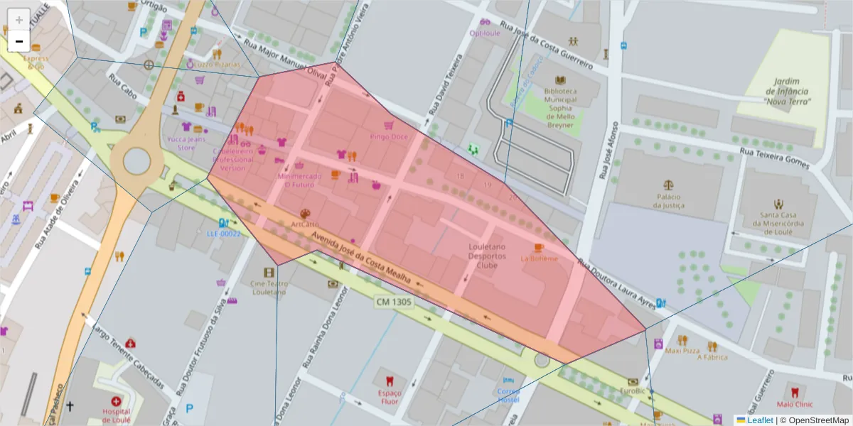 Mapa detalhado do código postal 8100-500 com limites, códigos postais vizinhos e agências dos correios