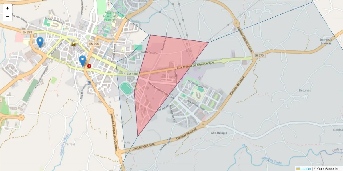 Mapa detalhado do código postal 8100-531 com limites, códigos postais vizinhos e agências dos correios