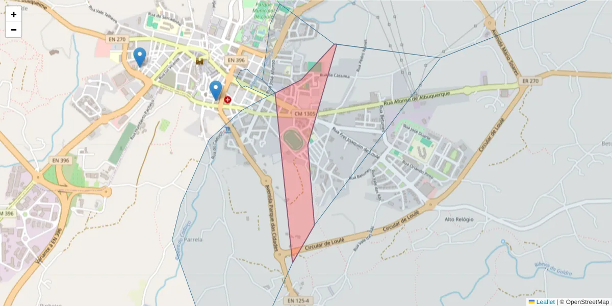 Mapa detalhado do código postal 8100-538 com limites, códigos postais vizinhos e agências dos correios