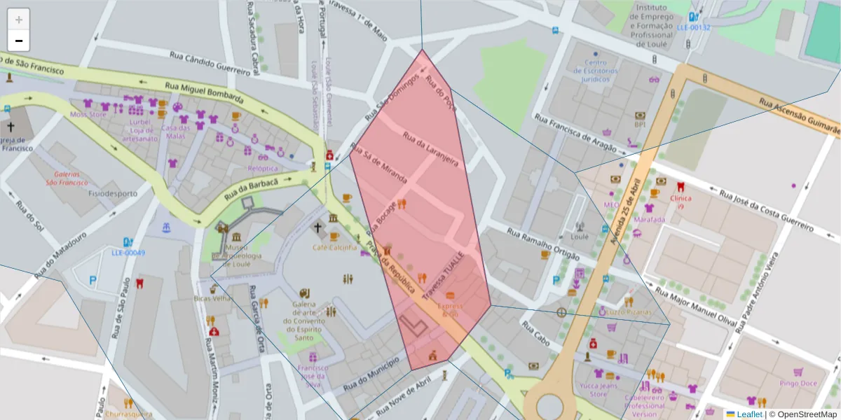 Mapa detalhado do código postal 8100-562 com limites, códigos postais vizinhos e agências dos correios