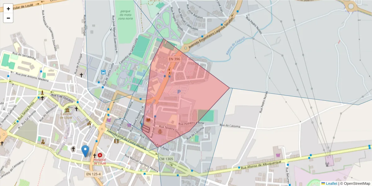 Mapa detalhado do código postal 8100-596 com limites, códigos postais vizinhos e agências dos correios