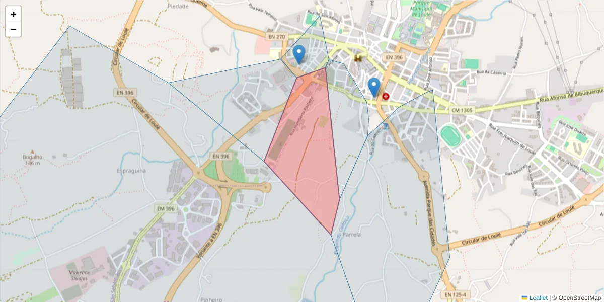 Mapa detalhado do código postal 8100-728 com limites, códigos postais vizinhos e agências dos correios