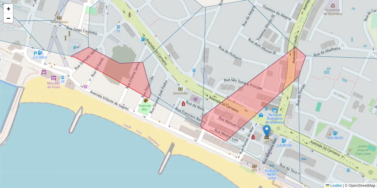 Mapa detalhado do código postal 8125-156 com limites, códigos postais vizinhos e agências dos correios