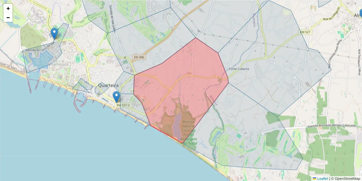 Mapa detalhado do código postal 8125-173 com limites, códigos postais vizinhos e agências dos correios