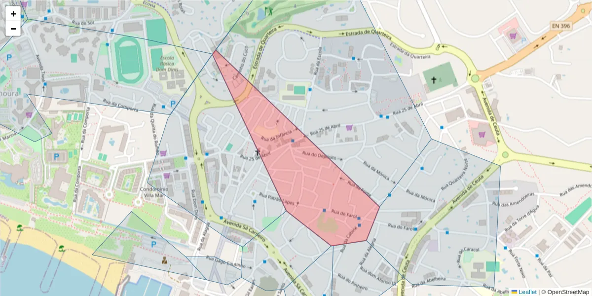 Mapa detalhado do código postal 8125-182 com limites, códigos postais vizinhos e agências dos correios