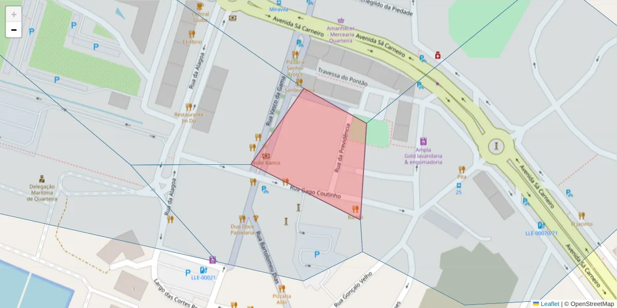 Mapa detalhado do código postal 8125-256 com limites, códigos postais vizinhos e agências dos correios