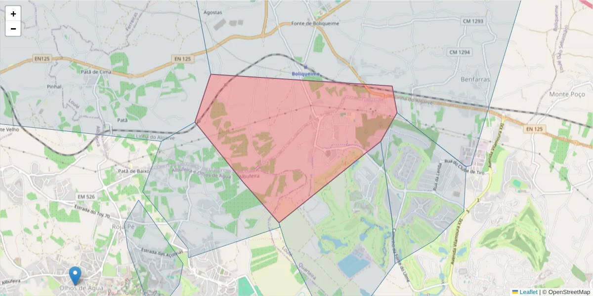 Mapa detalhado do código postal 8125-300 Vilamoura com limites, códigos postais vizinhos e agências dos correios