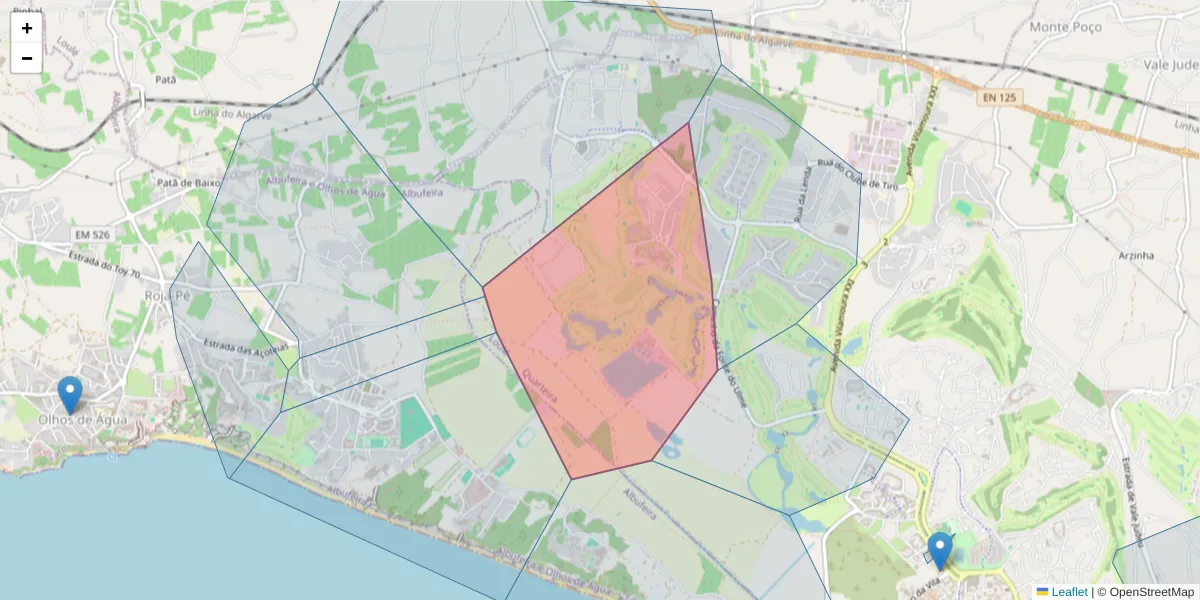 Mapa detalhado do código postal 8125-309 Vilamoura com limites, códigos postais vizinhos e agências dos correios