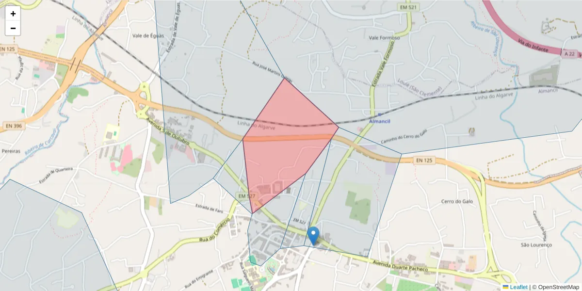 Mapa detalhado do código postal 8135-101 com limites, códigos postais vizinhos e agências dos correios