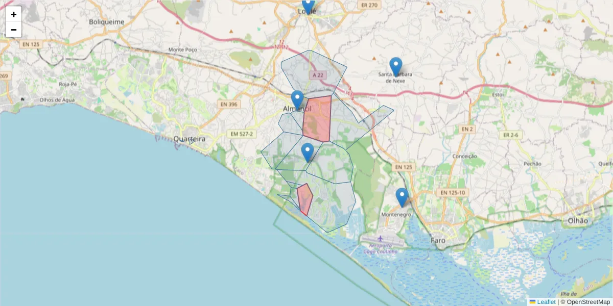 Mapa detalhado do código postal 8135-104 com limites, códigos postais vizinhos e agências dos correios