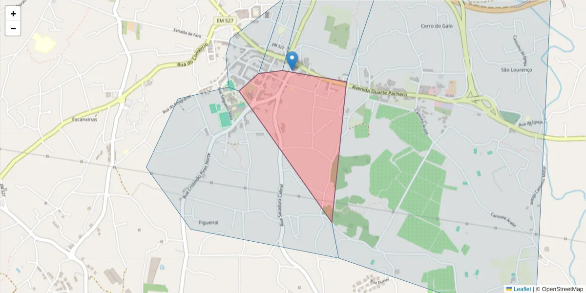 Mapa detalhado do código postal 8135-132 com limites, códigos postais vizinhos e agências dos correios