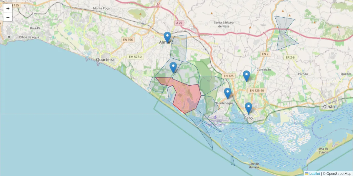 Mapa detalhado do código postal 8135-162 com limites, códigos postais vizinhos e agências dos correios