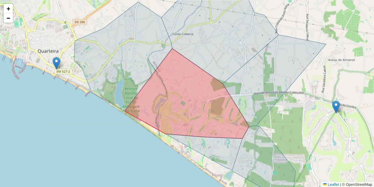 Mapa detalhado do código postal 8135-864 com limites, códigos postais vizinhos e agências dos correios