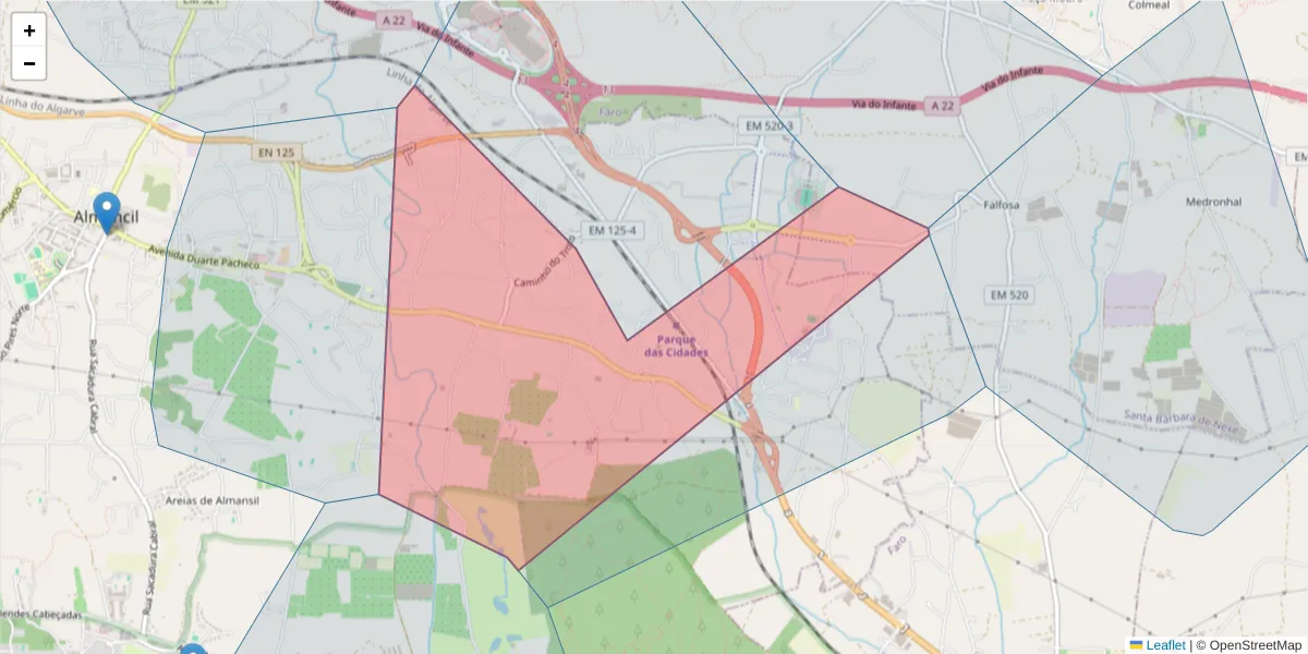 Mapa detalhado do código postal 8135 com limites, códigos postais vizinhos e agências dos correios