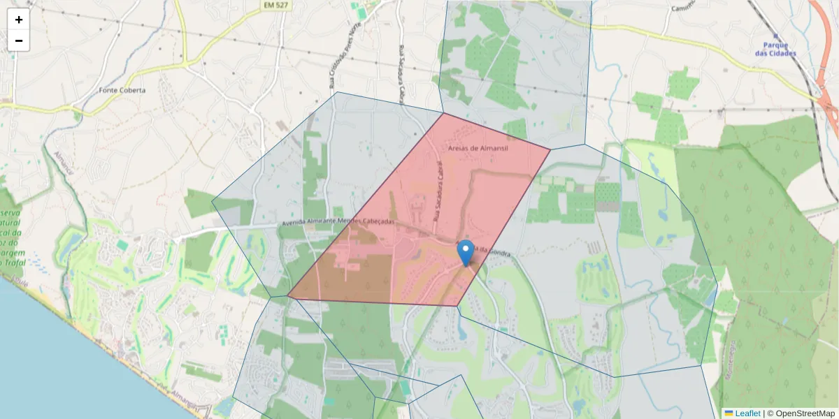Mapa detalhado do código postal 8136-106 com limites, códigos postais vizinhos e agências dos correios