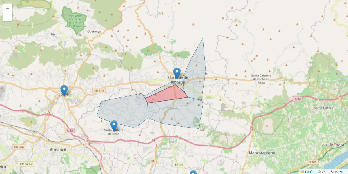Mapa detalhado do código postal 8150-021 com limites, códigos postais vizinhos e agências dos correios
