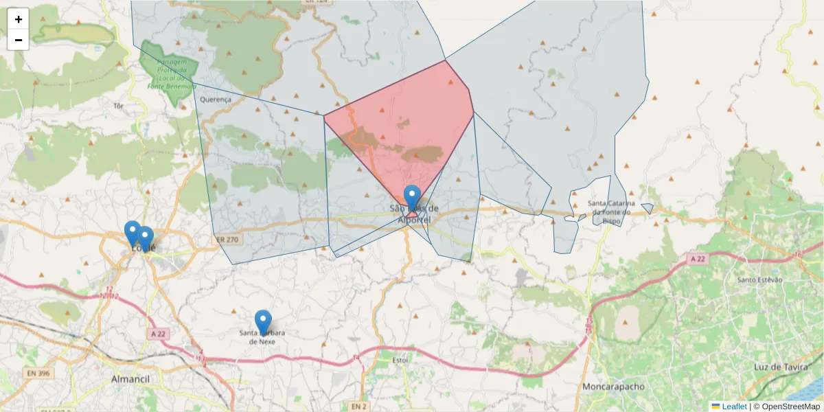 Mapa detalhado do código postal 8150-101 com limites, códigos postais vizinhos e agências dos correios