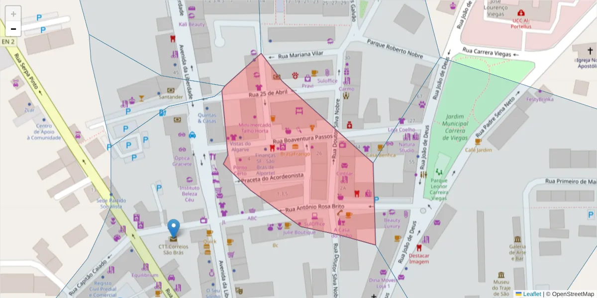 Mapa detalhado do código postal 8150-121 com limites, códigos postais vizinhos e agências dos correios