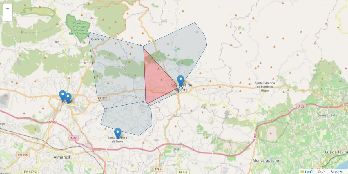 Mapa detalhado do código postal 8150-132 com limites, códigos postais vizinhos e agências dos correios