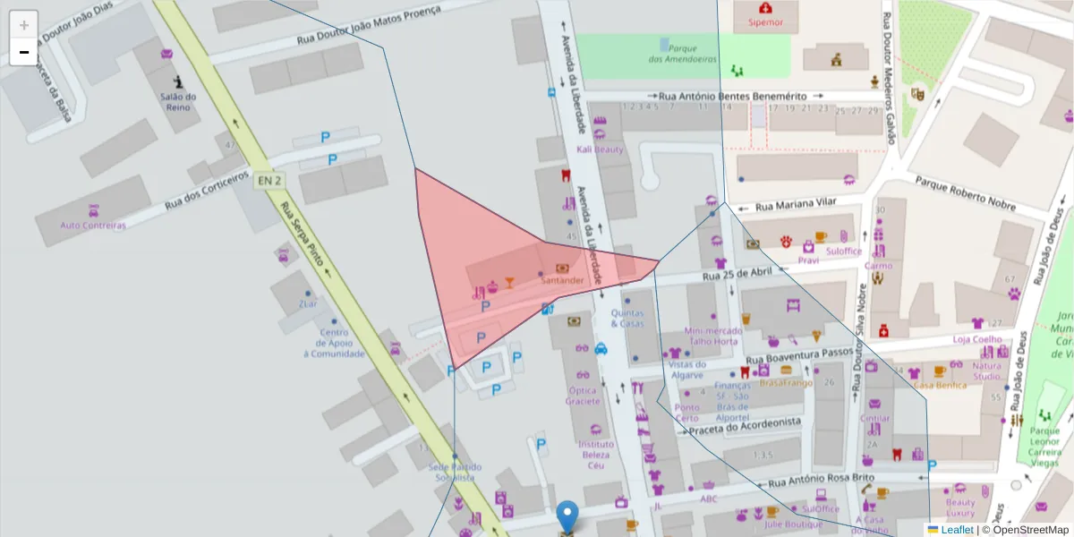 Mapa detalhado do código postal 8150-134 com limites, códigos postais vizinhos e agências dos correios