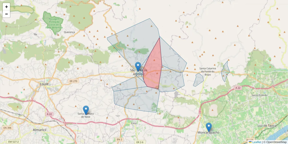 Mapa detalhado do código postal 8150-144 com limites, códigos postais vizinhos e agências dos correios