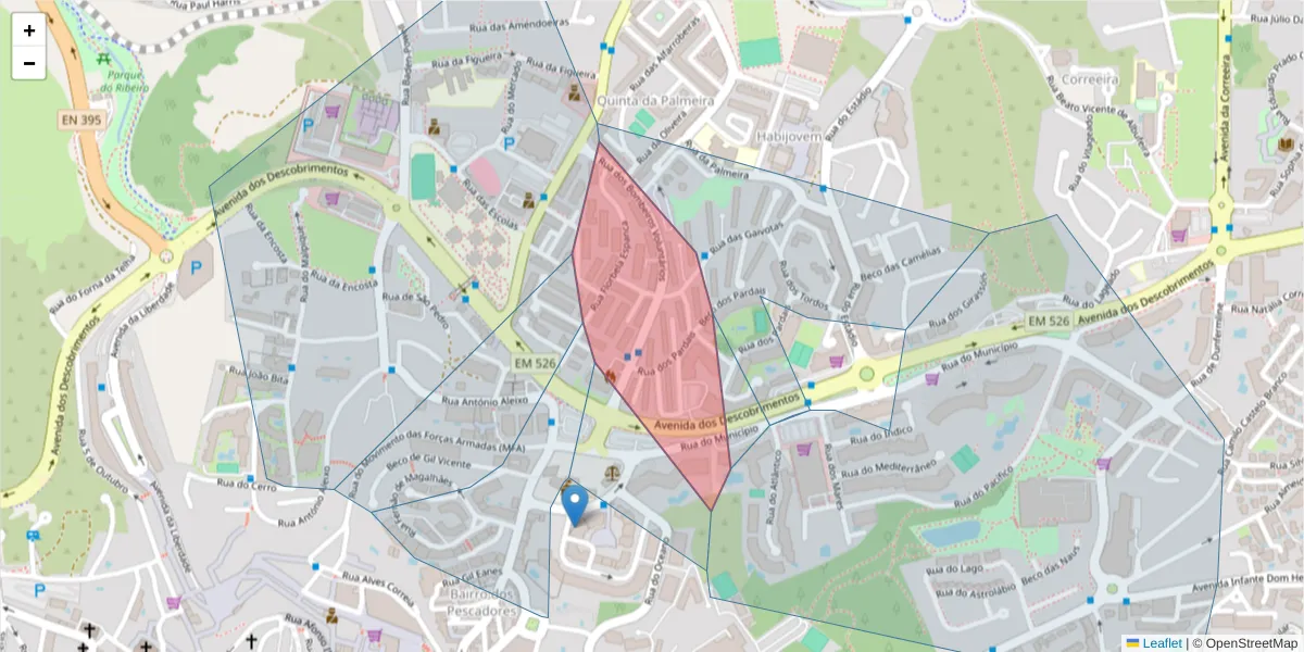 Mapa detalhado do código postal 8200-020 com limites, códigos postais vizinhos e agências dos correios