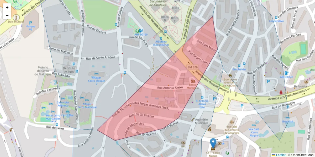 Mapa detalhado do código postal 8200-157 com limites, códigos postais vizinhos e agências dos correios