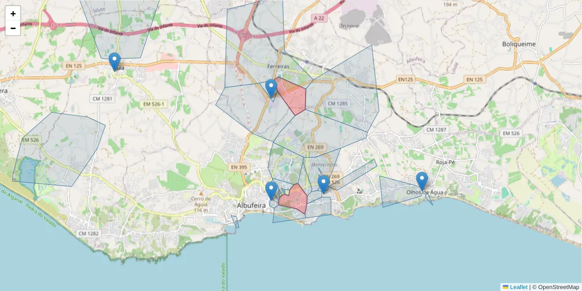 Mapa detalhado do código postal 8200-161 com limites, códigos postais vizinhos e agências dos correios