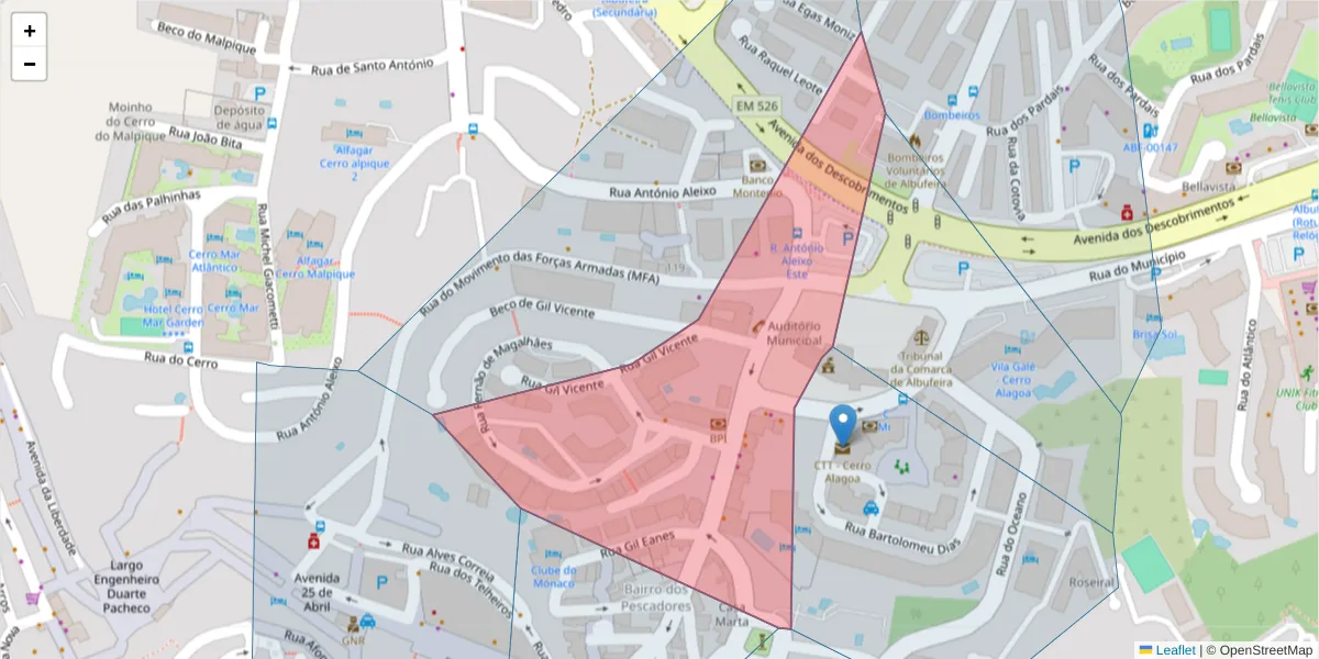 Mapa detalhado do código postal 8200-184 com limites, códigos postais vizinhos e agências dos correios