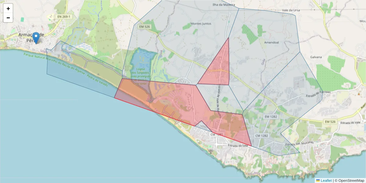 Mapa detalhado do código postal 8200-424 com limites, códigos postais vizinhos e agências dos correios