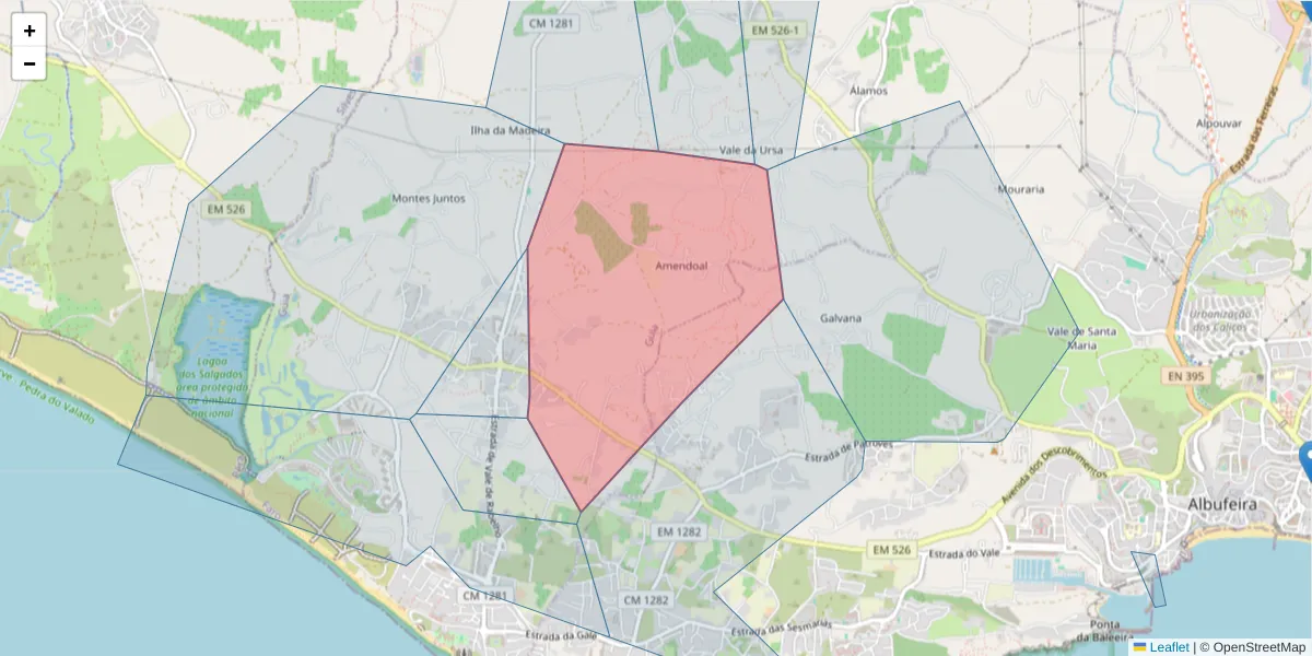 Mapa detalhado do código postal 8200-427 com limites, códigos postais vizinhos e agências dos correios