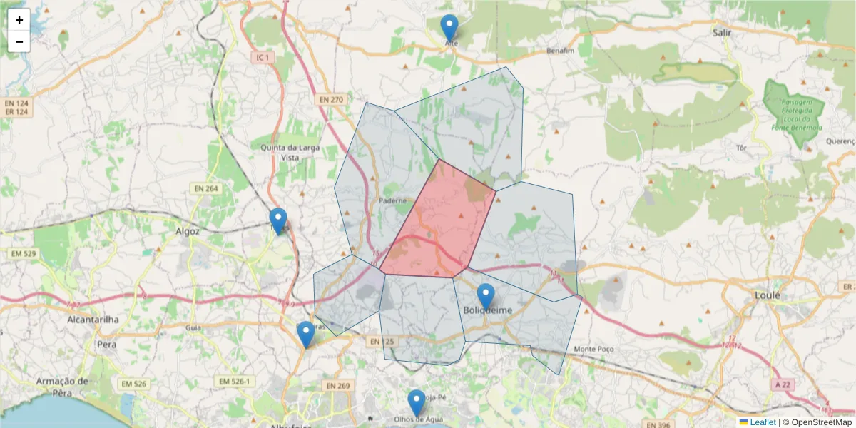 Mapa detalhado do código postal 8200-450 com limites, códigos postais vizinhos e agências dos correios