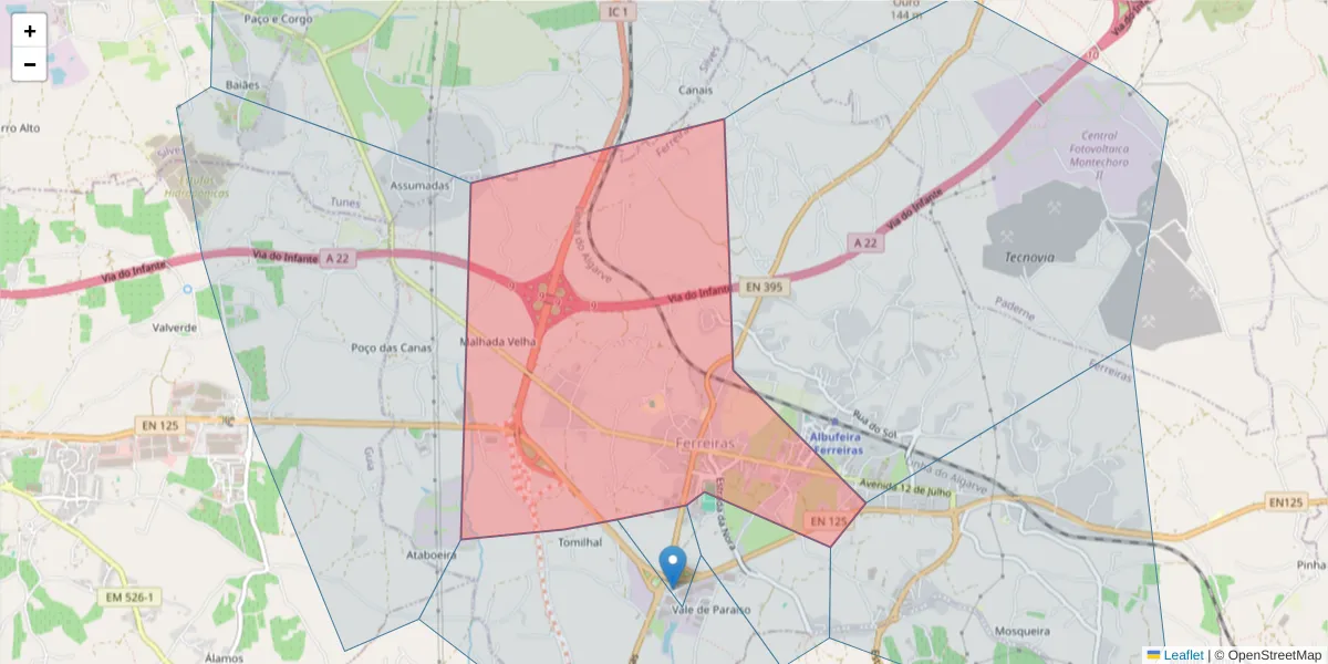 Mapa detalhado do código postal 8200-559 com limites, códigos postais vizinhos e agências dos correios