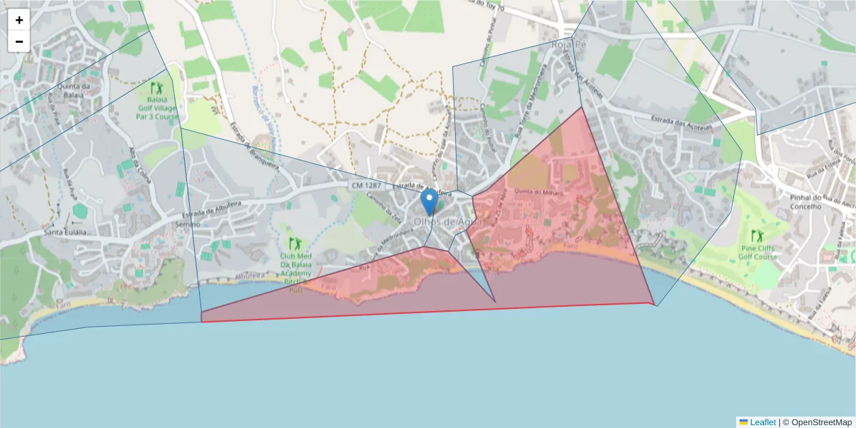 Mapa detalhado do código postal 8200-647 com limites, códigos postais vizinhos e agências dos correios