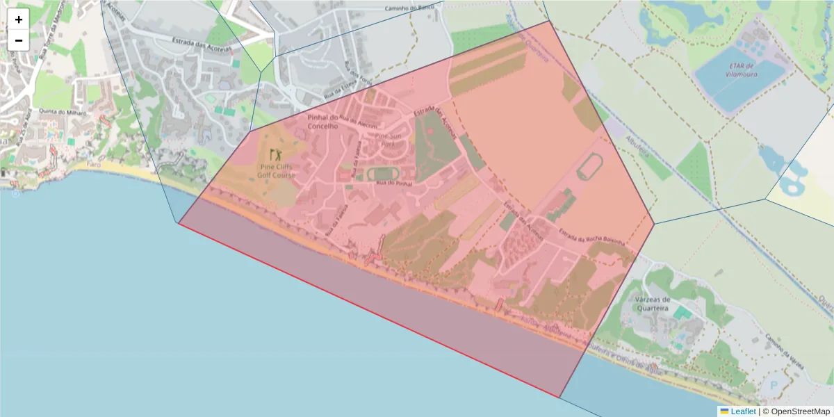 Mapa detalhado do código postal 8200-909 com limites, códigos postais vizinhos e agências dos correios